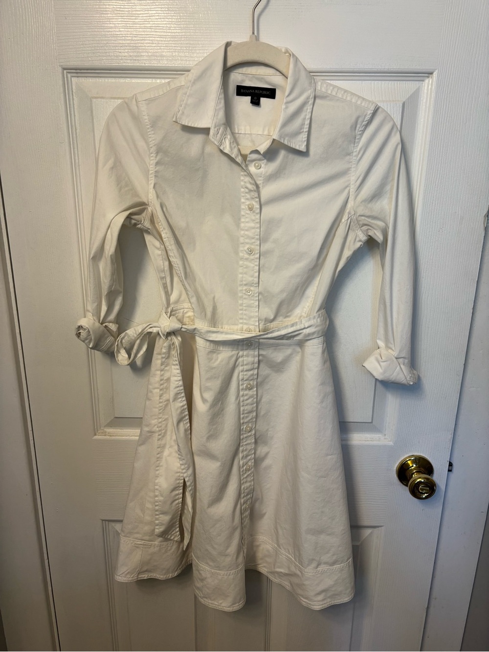 Banana Republic White Button-Front Shirt Mini Dress with Tie Waist